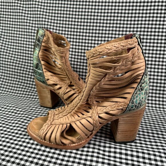 FREEBIRD Bela Taupe Tan Leather Strappy Western Turquoise Boot Heel Women's 8 - Picture 1 of 6